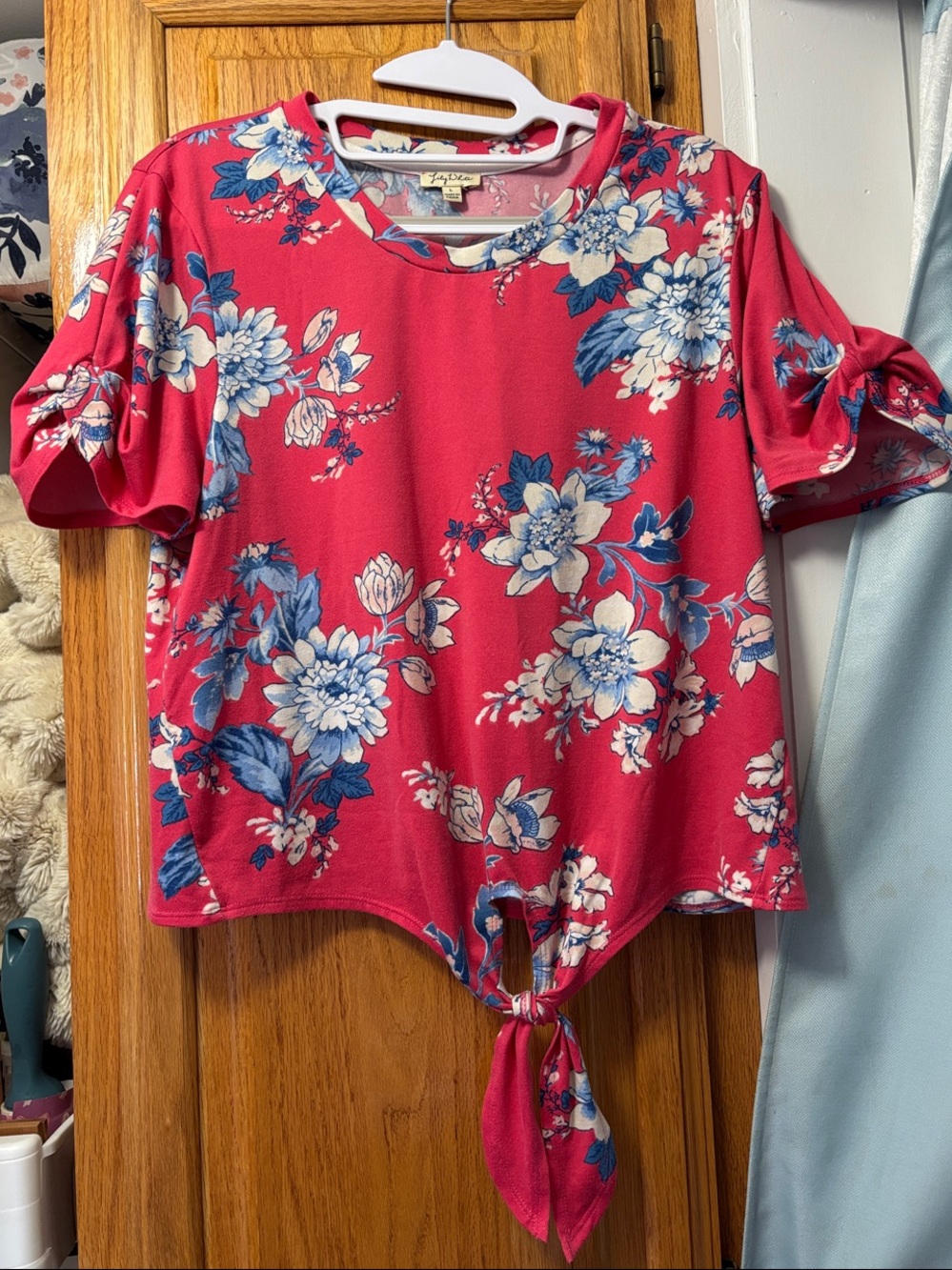 Lily White Pink Floral Tie-Front Short Sleeve Top